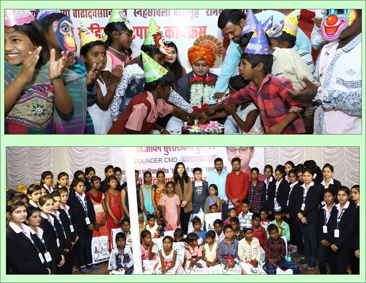 a group photo of master aryen kute along with archana suresh kute (director-the kute group) and childrens at orphanage in beed, maharashtra